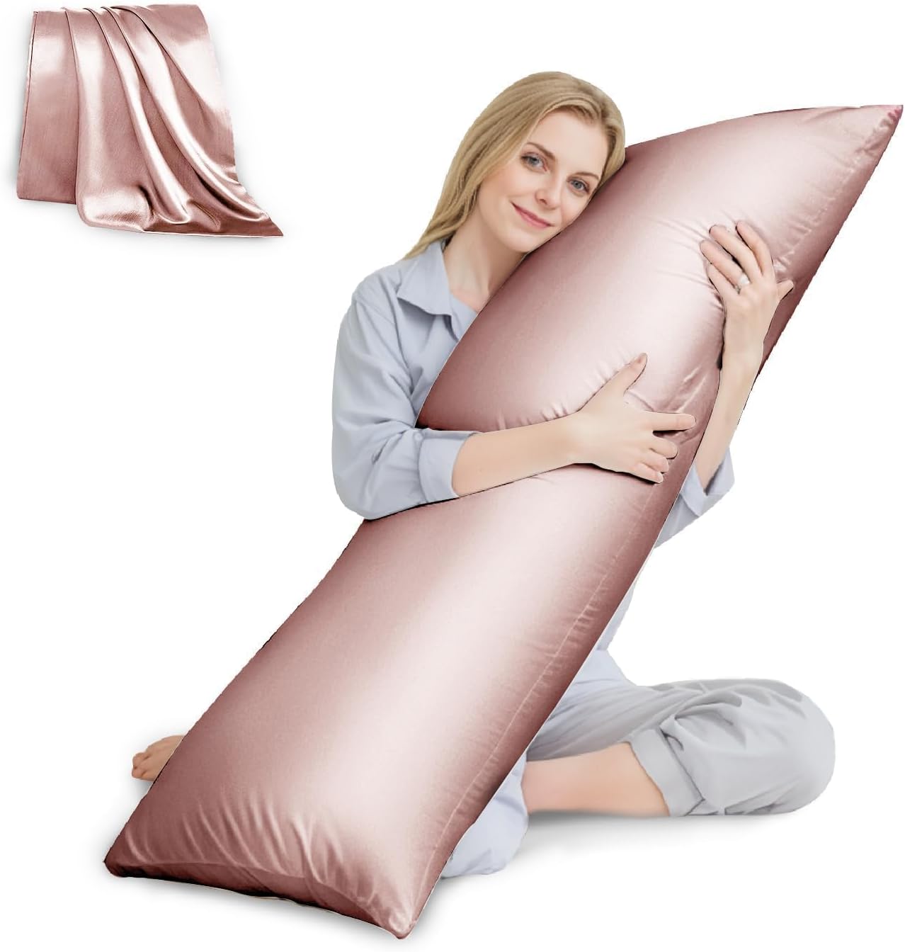 HUXMEYSON Body Pillow with Satin Pillowcase, Cooling Body Pillow for Adults, Removable Cover, Pink (20"x54")