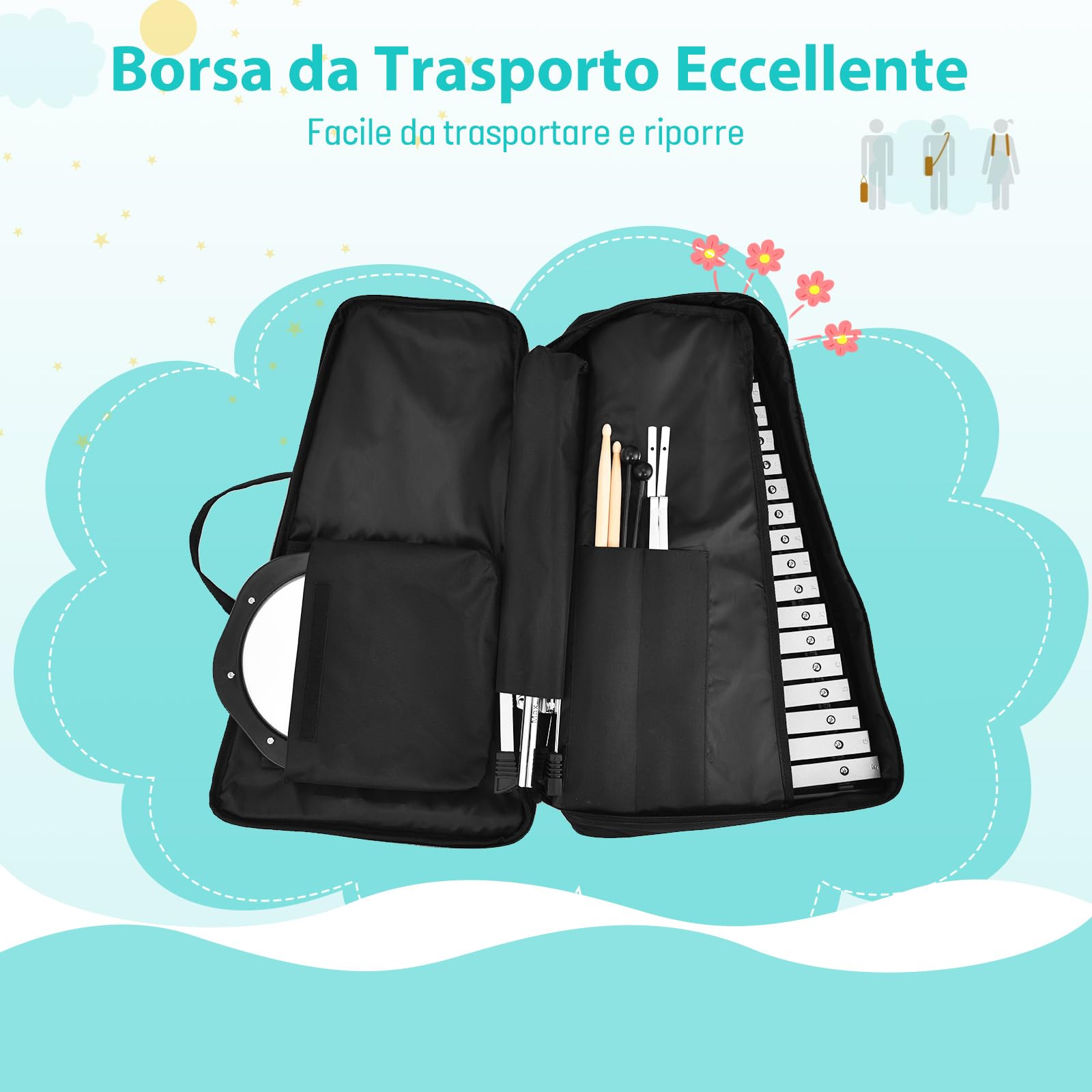 COSTWAY Set di Xilofono a 32 Note, Glockenspiel con Supporto in Metallo, Altezza Regolabile, Metallofono con Leggio per Spartiti, Mazzette, per Bambini e Adulti