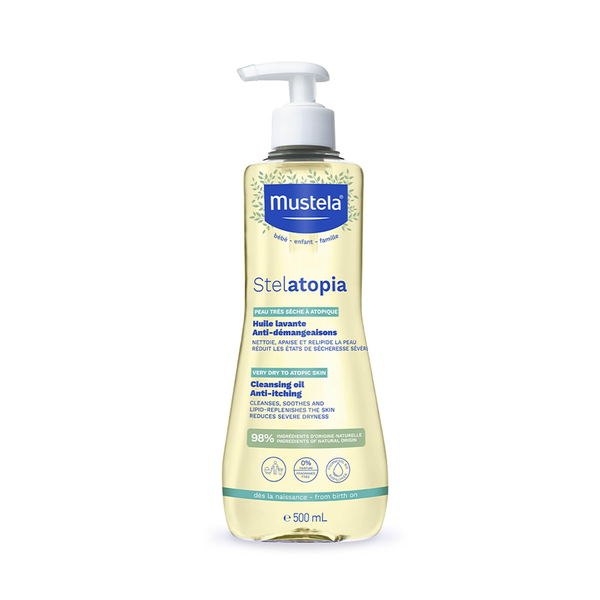 Mustela Stelatopia Olio Bagno per Pelle con Estrema Secchezza o Dermatite Atopica, Corpo e Capelli, Neonati, Bambini, Tutta la Famiglia - Detersione Quotidiana, Reintegra i Lipidi della Pelle (500ml)