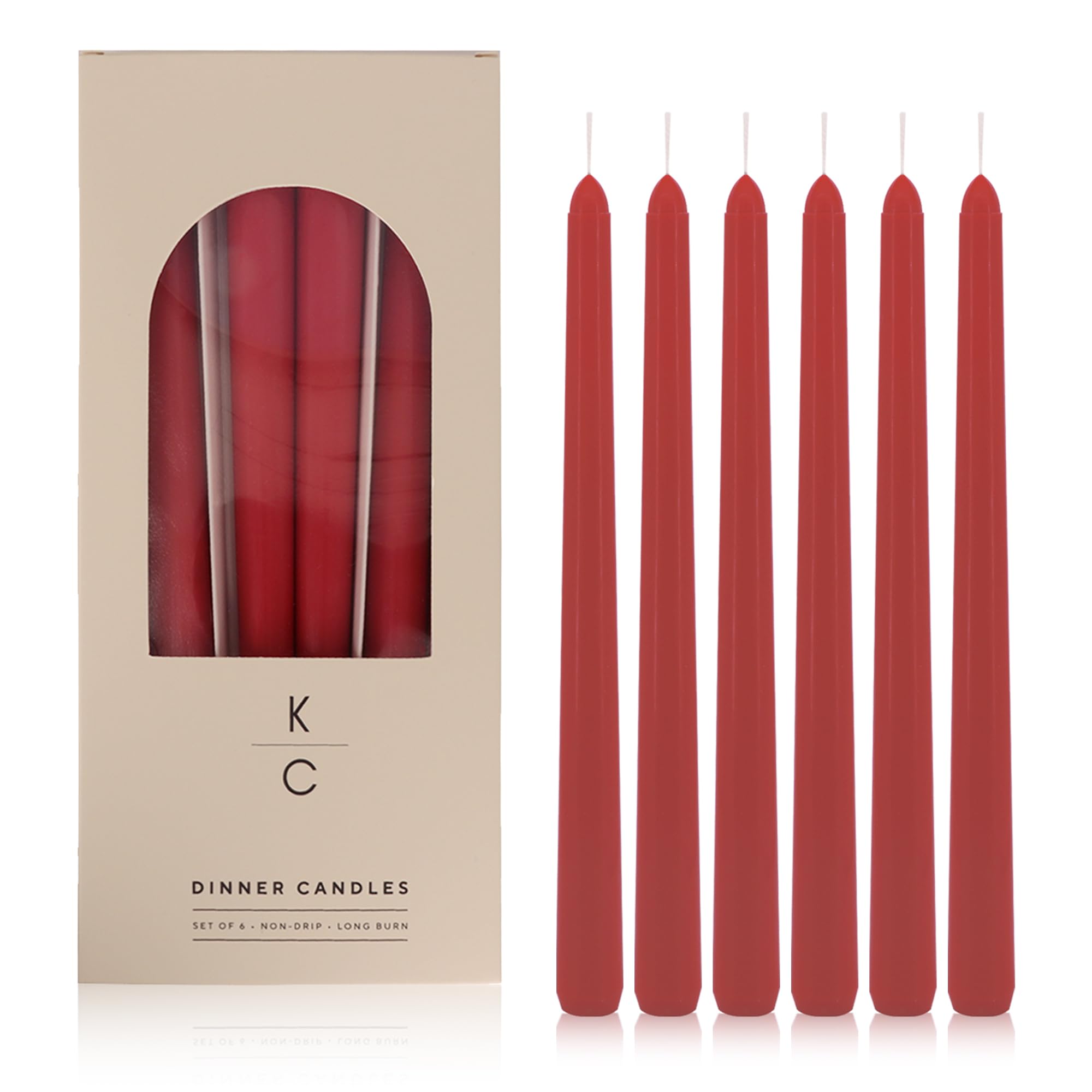 Tapered Dinner Candles, Pack of 6 – Soy &amp; Paraffin Wax Blend, 10-Inch Dripless Taper Candles with 7-Hr. Clean Burn – Smokeless Unscented Tapers for Weddings, Dinner Tables &amp; Home Decor – Red