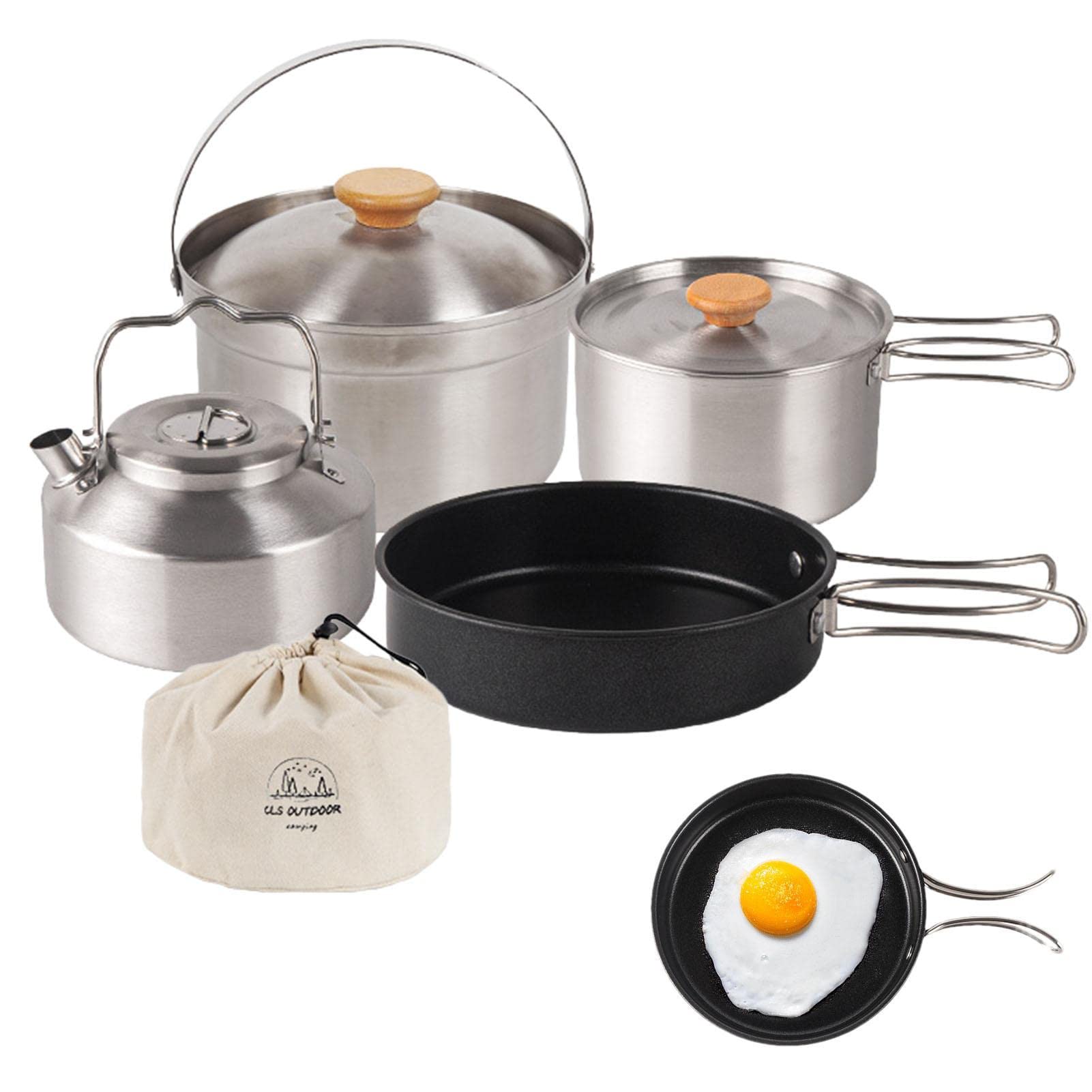 Outdoor Kochgeschirr Set, Camping Kochgeschirr Set aus Edelstahl, Faltbare Kochtopf Hängetopf Wasserkocher und Aufbewahrungstasche, Outdoor Kochset für Camping Picknick Wandern