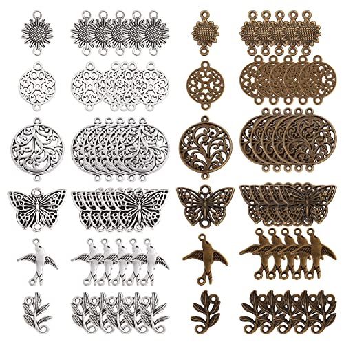SUNNYCLUE 1 Box 72Pcs 12 Styles Flower Connector Charms Tree of Life Connector Charms Metal Link Charm Butterfly Sunflower Charm for jewellery Making Charms DIY Earring Necklace Bracelet Crafts