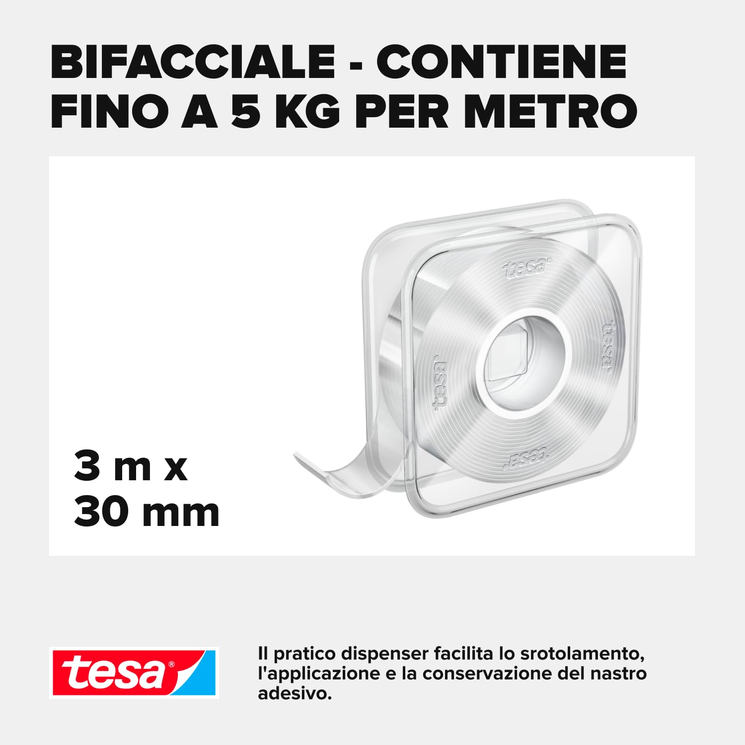 tesa Nastro nano universale – nastro biadesivo trasparente – facilmente rimovibile e riutilizzabile – resistente alle intemperie, per interni ed esterni – 1 rotolo – 3 m x 30 mm