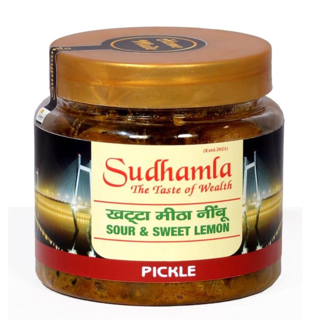 Sudhamla Lemon Pickle 200g of Khatta Nimbu with Garam Masala, Fresh Indian Recipe with Adrak, Packed in Achar Glass Pack - Oil-Free and Bursting with Flavor Authentic