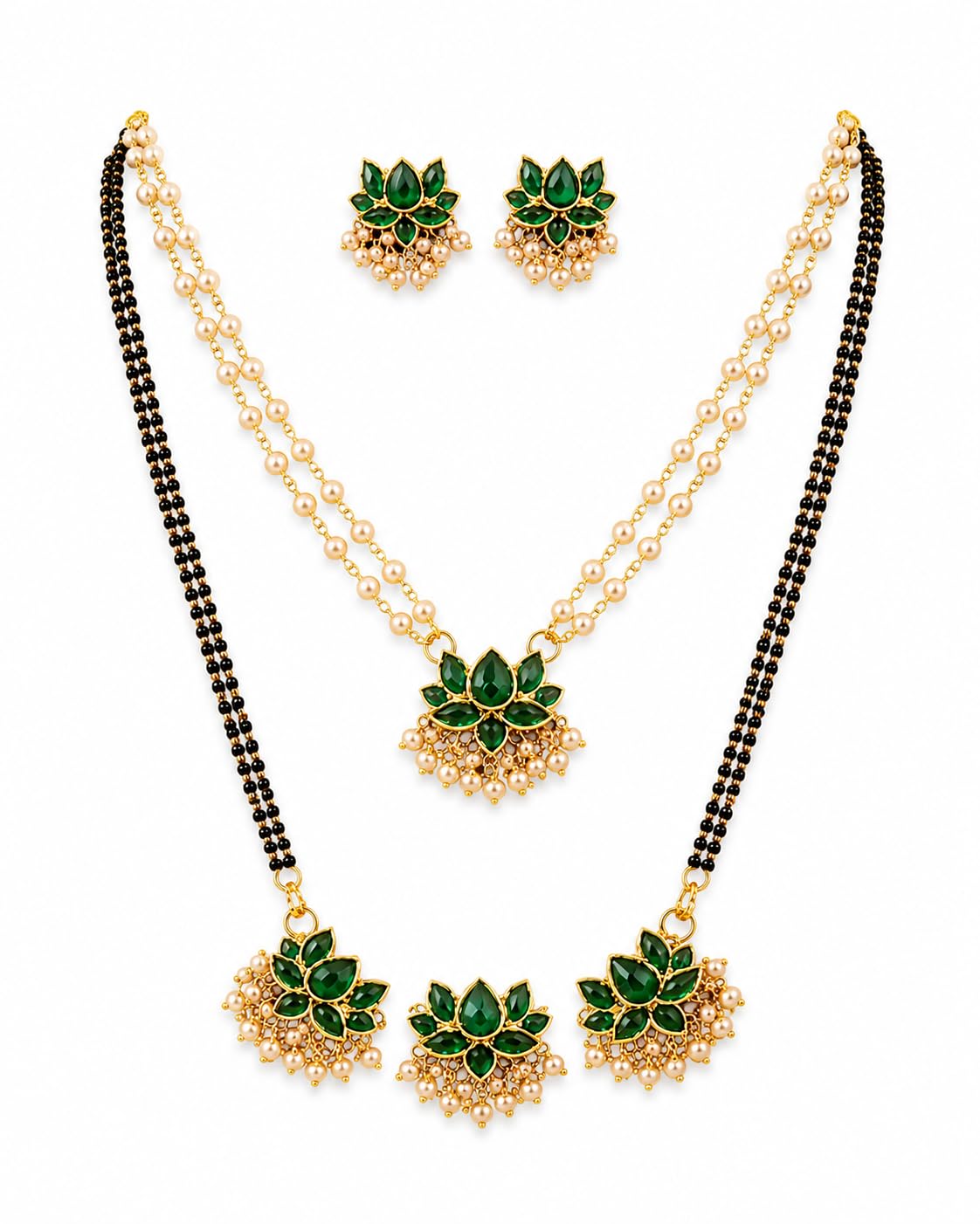 Traditional Green Lotus Mangalsutra Necklace Set with Earrings, Gold-Toned, Pearl Embellished-image-28