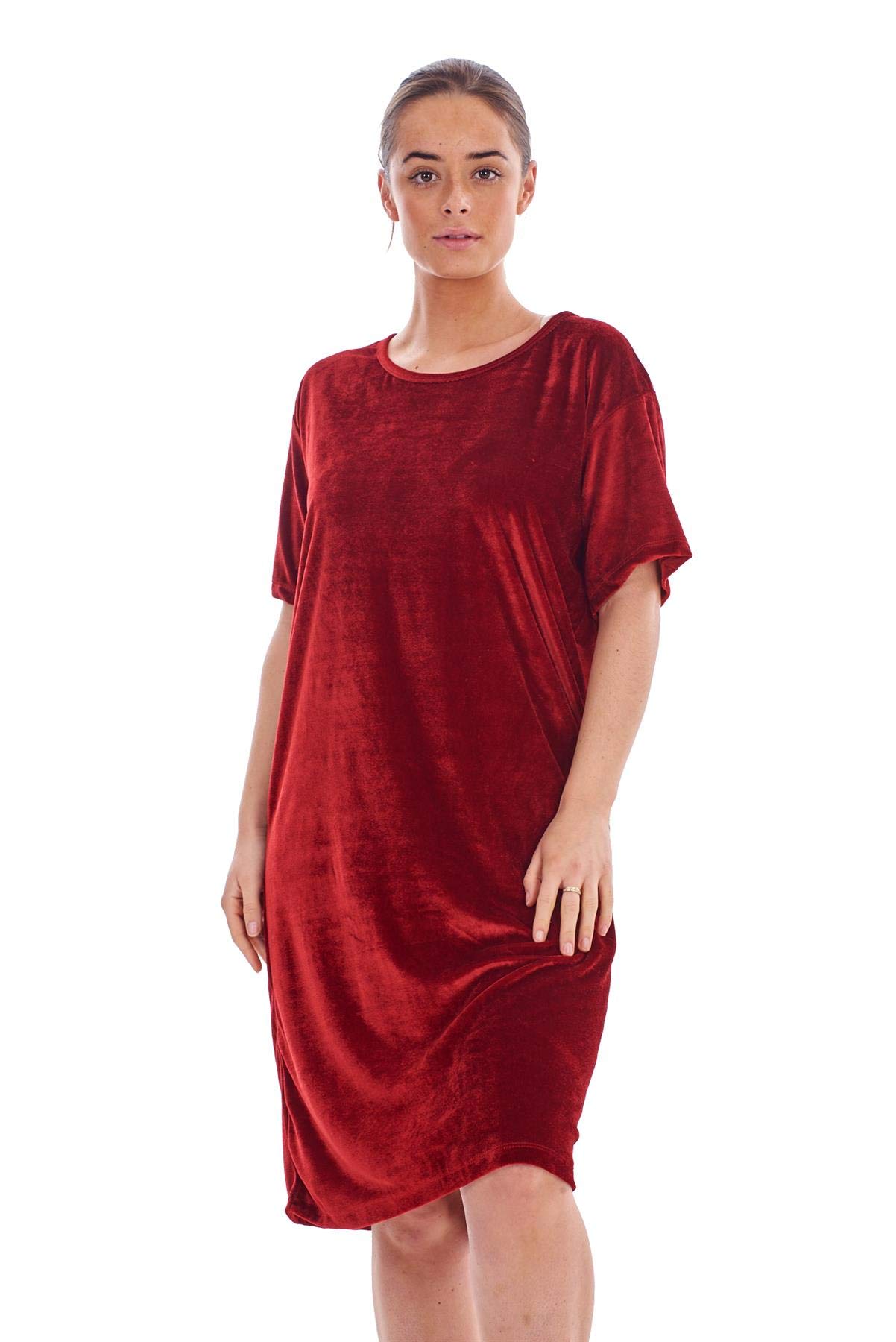 Ladies Plain Velvet Nightdress Crew Neck Midi Short Sleeve Nightie Nightshirt Red