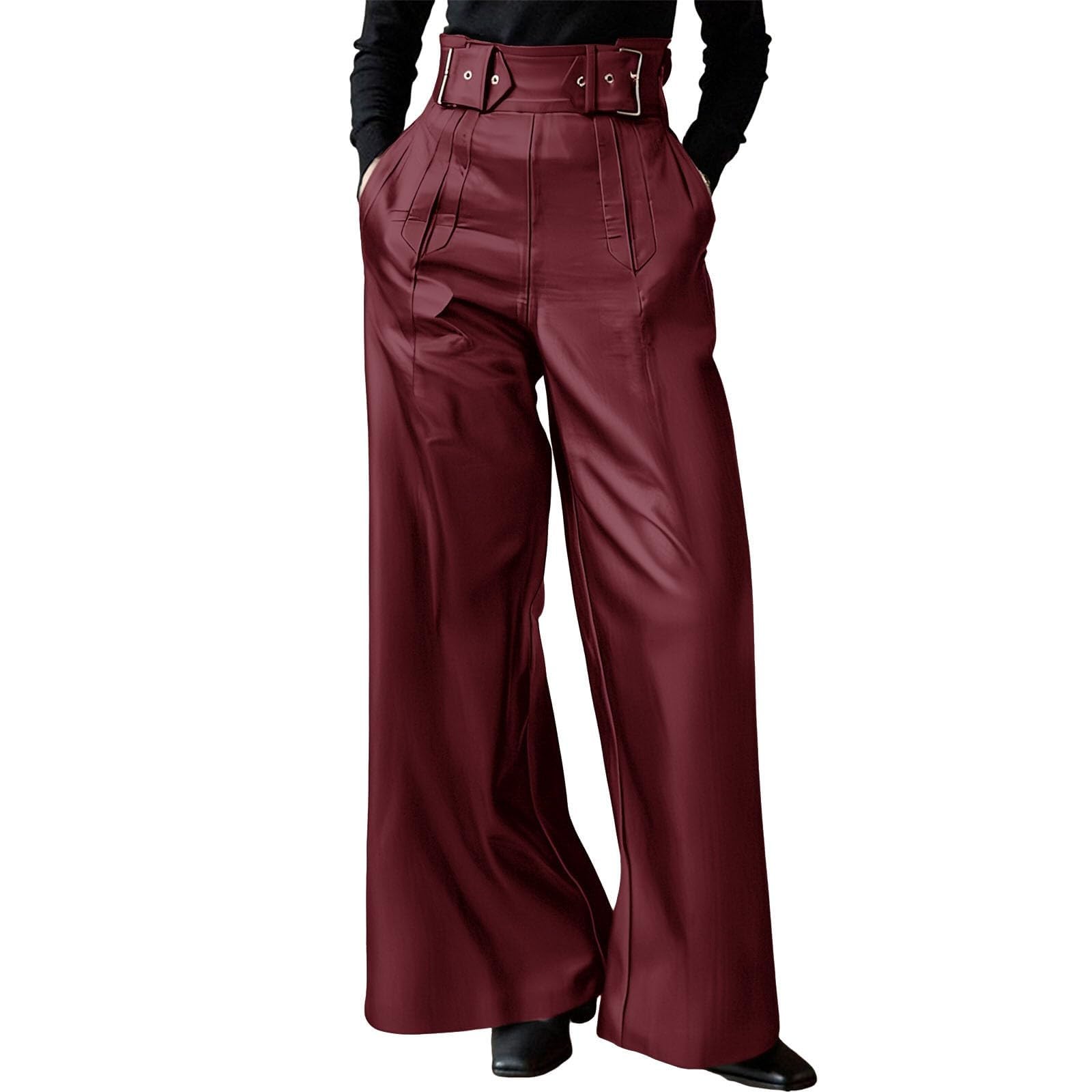 Women Faux Leather Pants PU High Waist Straight Leg Pant with Pockets Leather Leggings Bell Bottom Flare Pants