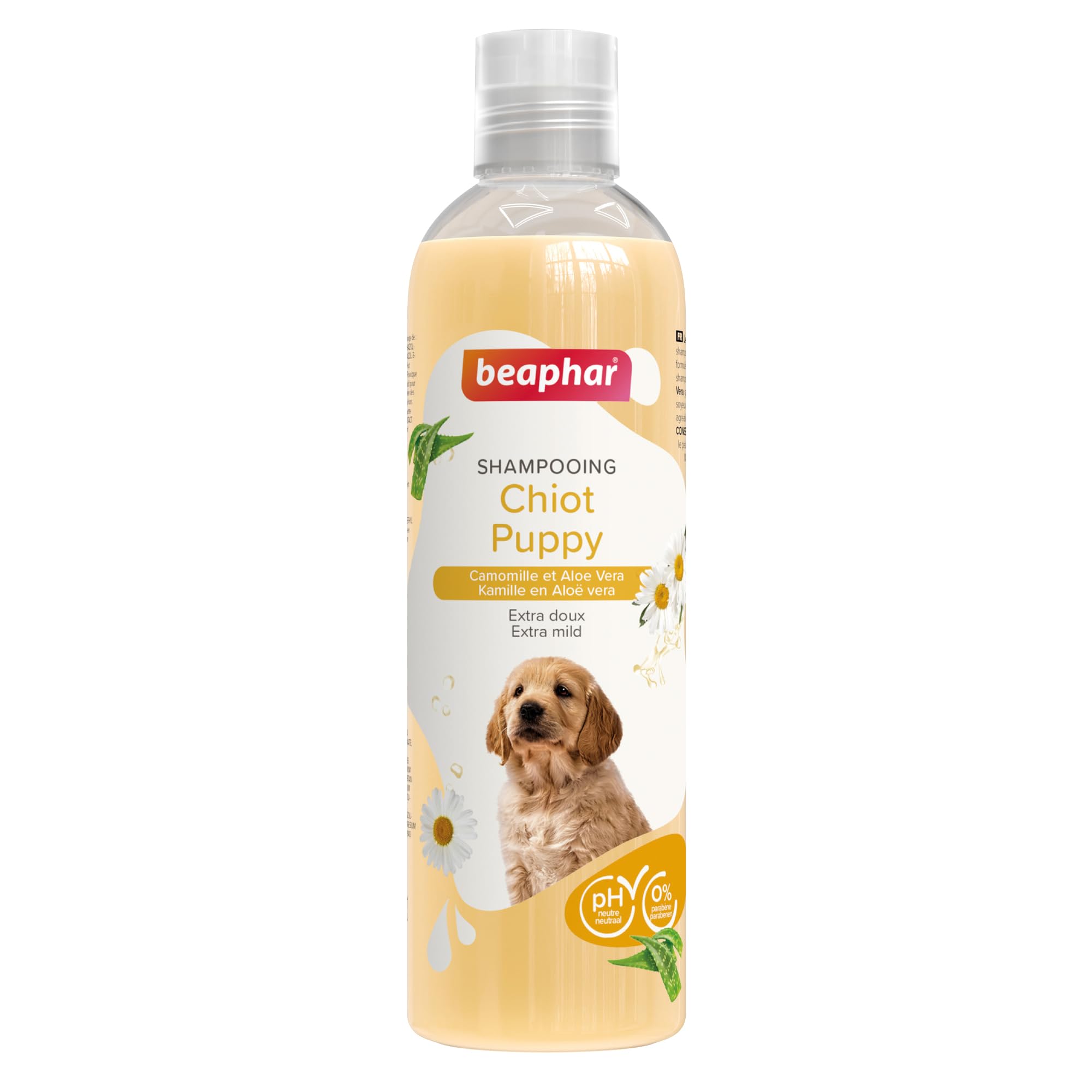 BEAPHAR – Shampooing Essentiel pour Chiot – Extra-Doux – Poil Doux – Contient de la Camomille et de l'Aloe Vera – sans parabène ni Silicone – pH Neutre – Produit Vegan – Prêt à l'emploi – 250 ML