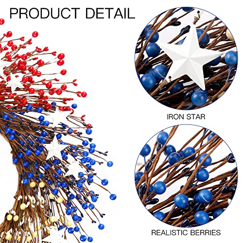 Sggvecsy 20Inch 4Th Of July Patriotic Day Wreath Red Blue White Berry Wreath Americana Flag Wreath With Metal Stars Patriotic Decorations For Memorial Day Independence Day Veterans Day Front Door Wall #TOP6