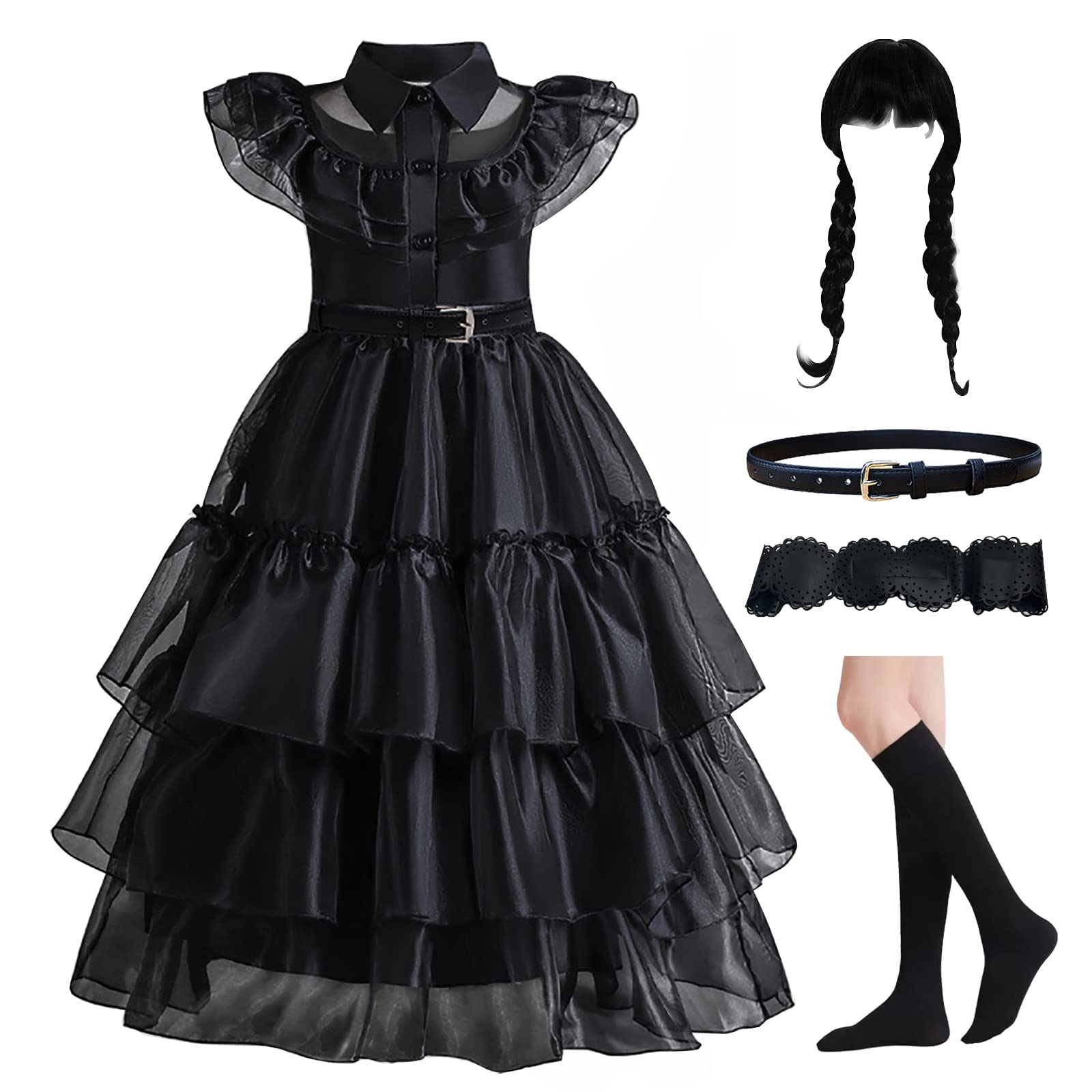 Princess Costume Black Dress For Girls Gothic Cosplay Dress Up Black Mesh Flare Dress with Waist Belt Socks and Wig For Halloween Carnival Party Decorations,Age 3-9 Years