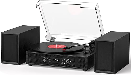 Reproductor de discos de vinilo con 4+2 altavoces estéreo externos, tocadiscos vintage Bluetooth de 3 velocidades con altavoces apilables duales,