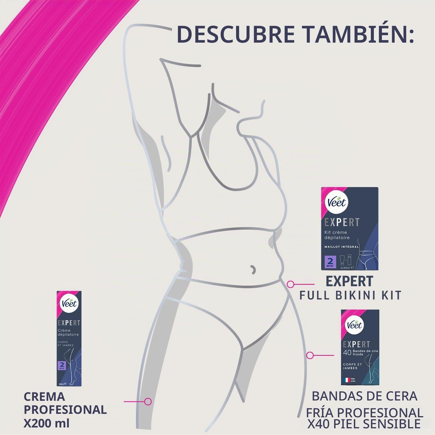 VEET Expert – Crema depilatoria para cabello rebelde – Maillot de cuerpo completo con espuma exfoliante – Actúa en 2 minutos – 2 x 50 ml