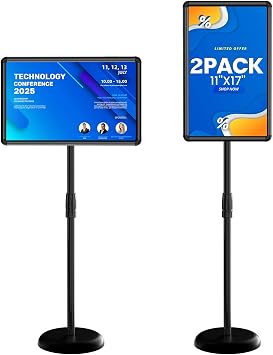 Stand Sign Holder, Standing for Sign, Pedestal Stand 11x17 Sign Holder Adjustable Poster Stand Silver Floor Display Stand with Fillable Base for Restaurant, Pedestal Stand Black, 11x17 - 2 Pack