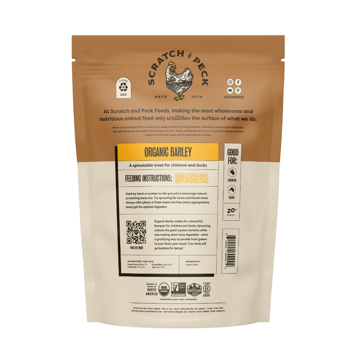 Scratch and Peck Whole Barley Chicken, Duck and Livestock Supplemental Grain - 10 lbs Bag - 8.5% Protein, Certified Organic and Non-GMO Project Verified Chicken Food