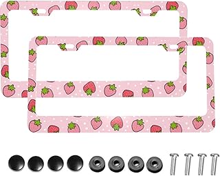 KiuLoam Cute Pink Strawberry License Plate Frame Fruit Print Aluminum License Plate Holder Car