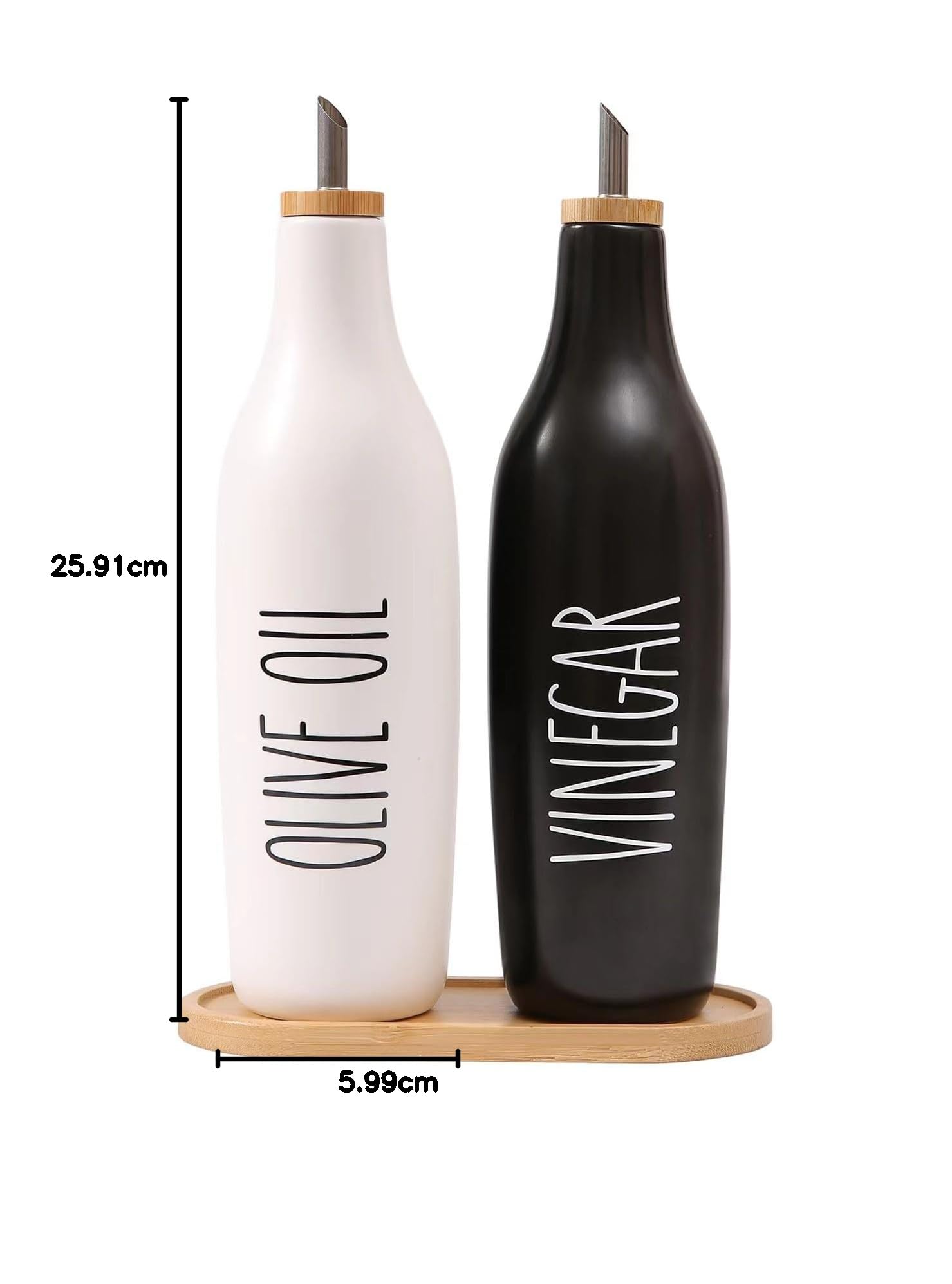 HOMCDALY Olivenöl und Essig Spender Set, Keramik Öl und Essig Flaschen mit Bambus Tablett, 16 Unzen Ölbehälter Küche Olivenöl Menage Ölbehälter Küche Dekor | 2er Set - P-Black&White