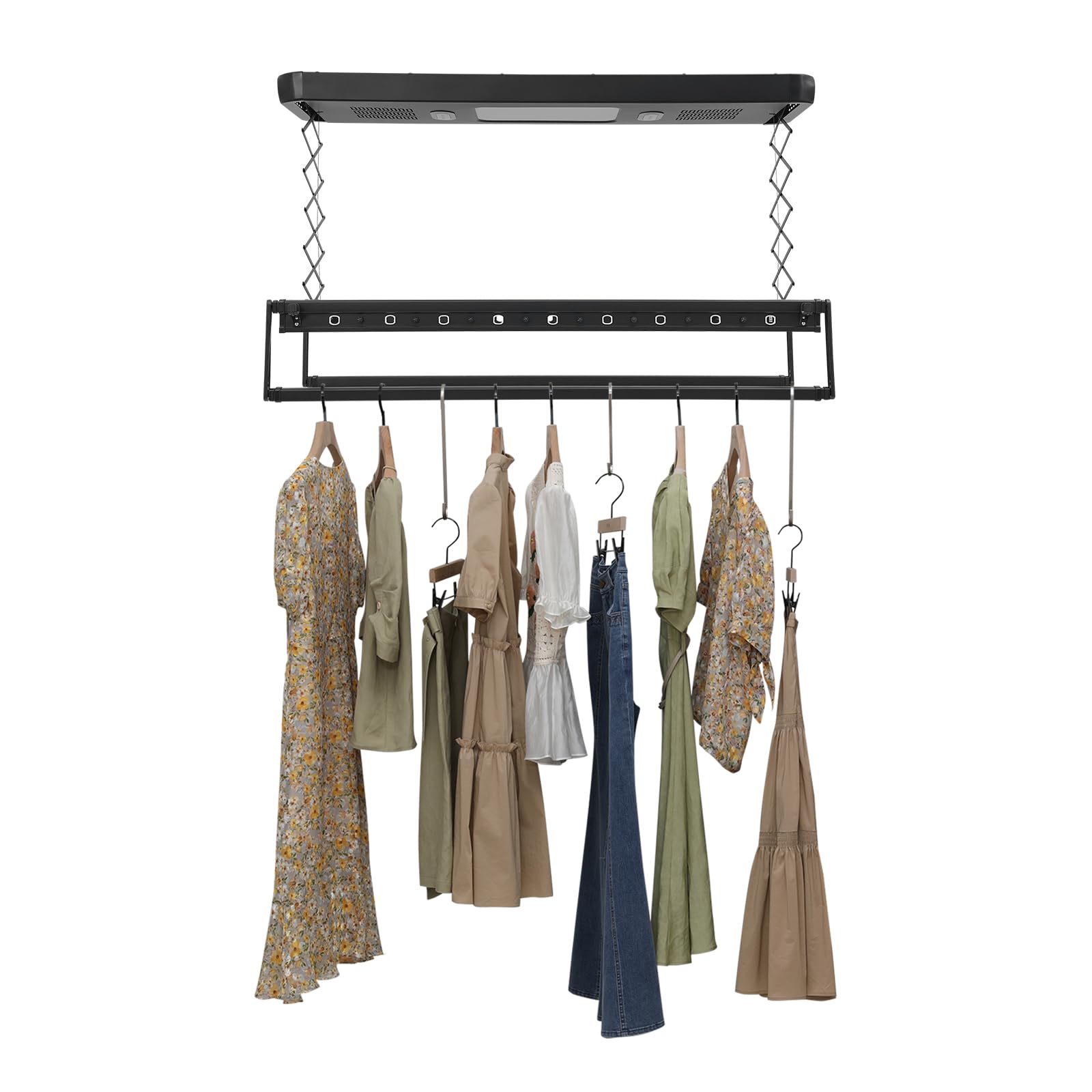 Elektrischer Wäscheständer, Decken Wäschetrockner mit Blaulichtsterilisationsfunktion und Ventilator Geräuscharm Kleiderstange mit Fernbedienung Einstellbare130-215cm für Balkone (Schwarz)