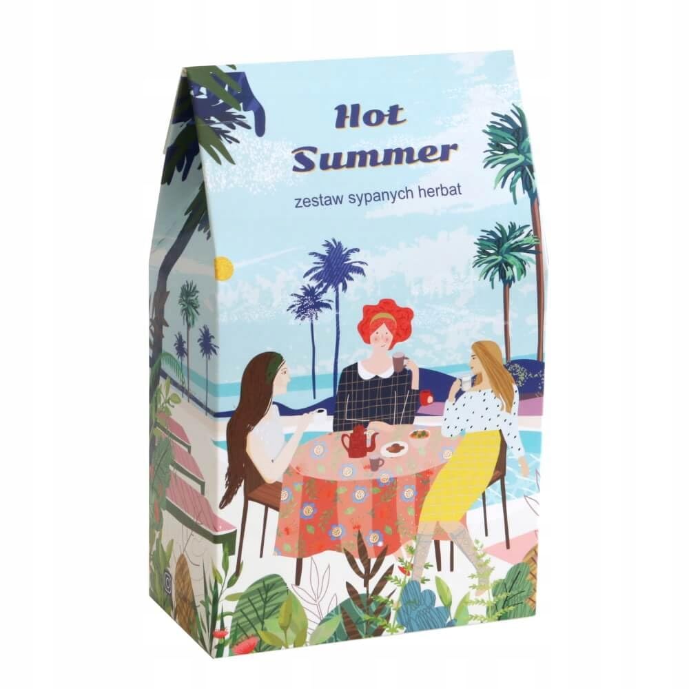 Letni box prezentowy HOT SUMMER - zestaw letnich herbat z zaparzaczem, herbaty: rooibos SŁODKI ALOES, ziołowa FRESH KISSES, owocowa GORZKA LEMONIADA