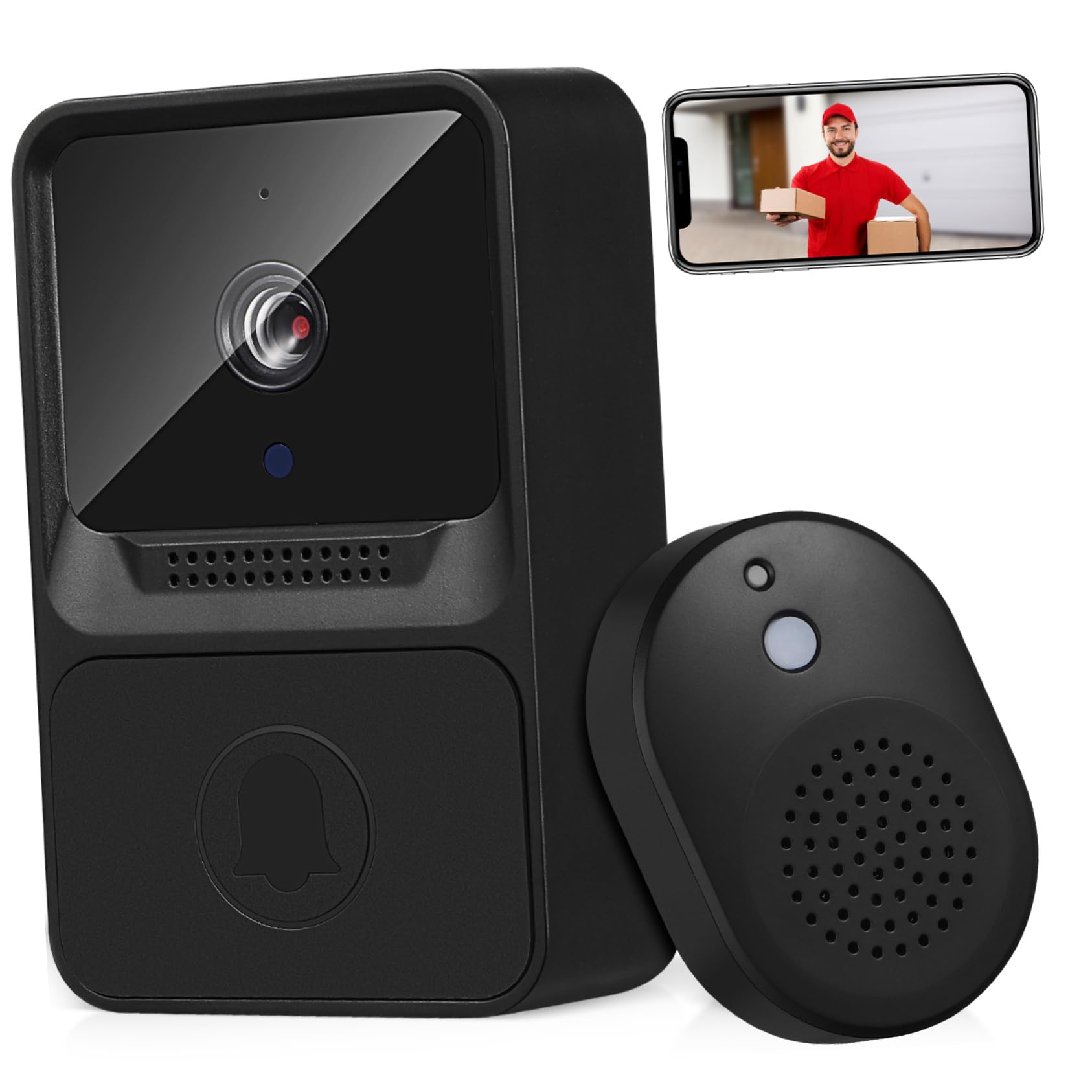 HOMSFOU 2piezas Timbre Inteligente Wifi Video Intercomunicador Bidireccional Instalación Sencilla Consumo Para Hogar Oficina y Apartamentos