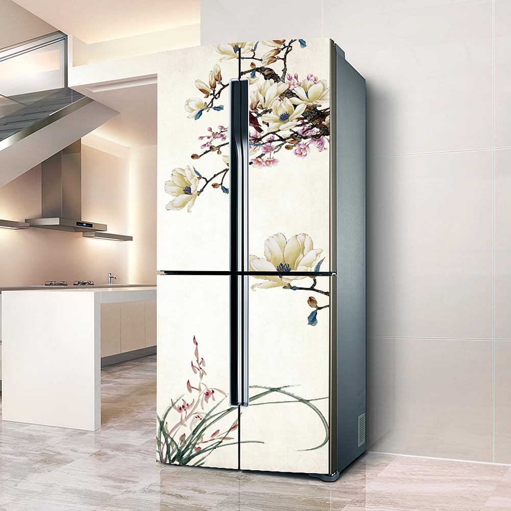 Fridge Wraps Kitchen Fridge Stickers Cover Full Doors, Fridge Sticker Full Covering Door Fridge Covers Skins wall Stickers for Kitchen Decal, Chinese Painting Flower and Bird