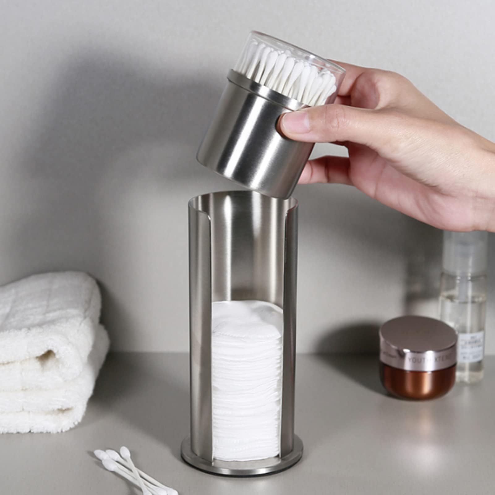 HERCHR Dispensador de hisopones de algodón de acero inoxidable con tapa, soporte de almohadilla de algodón desmontable para el baño, caja de almacenamiento de hisopones de altura de 18,5 cm