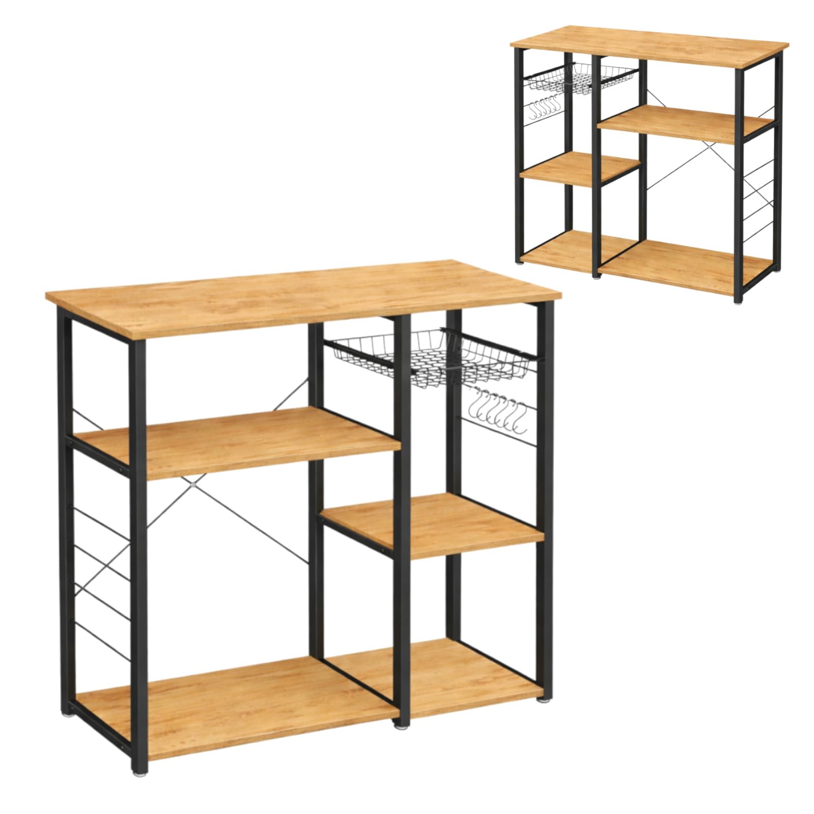 Küchenregal freistehend, Mikrowellenregal mit 4 Ablagen, Drahtkorb und Hakenleiste, Küchenorganizer im Industrial Design aus Metall und Eichenoptik, 90 x 40 x 84 cm