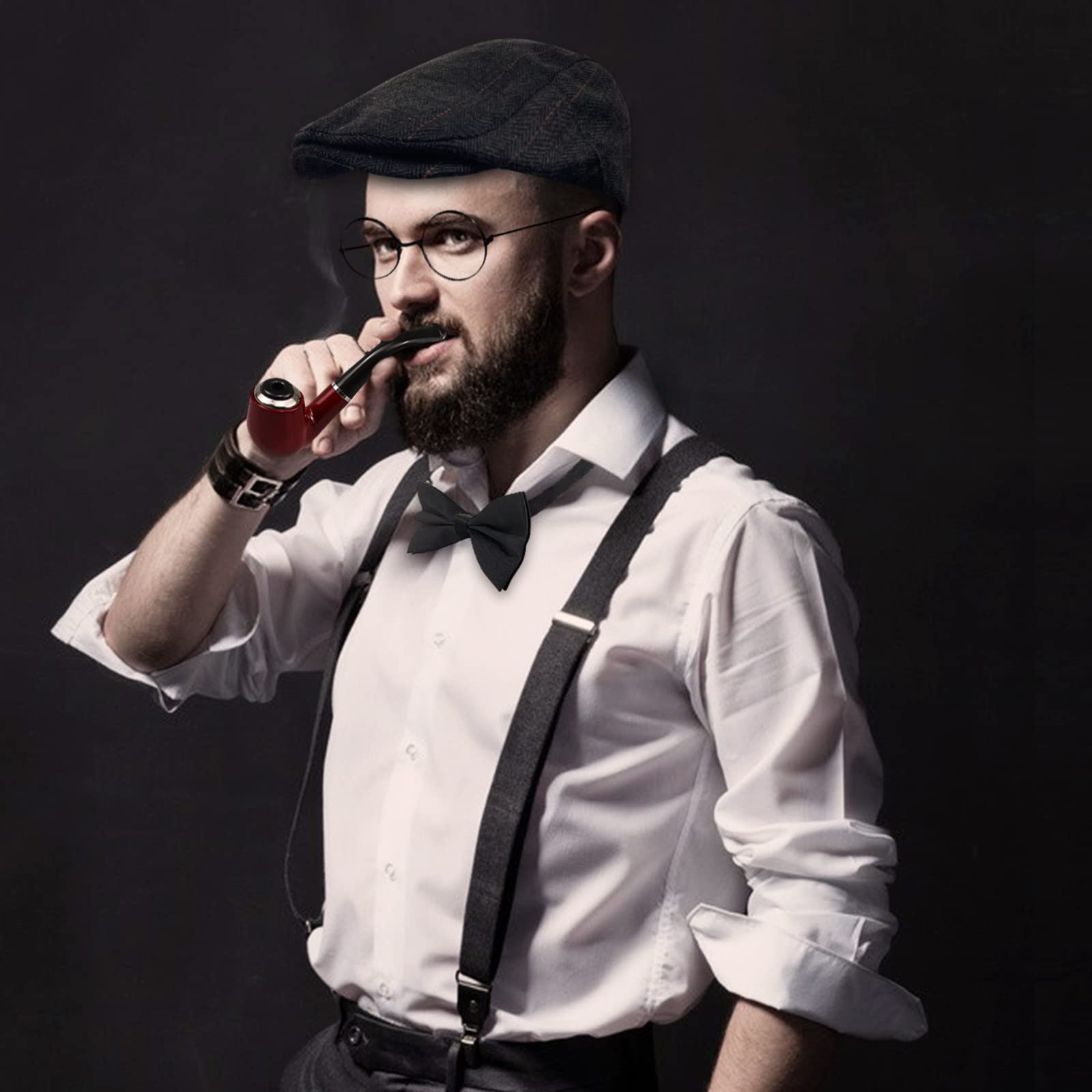 Akcesoria męskie w stylu lat 20., akcesoria męskie, zestaw do kostiumu mafii Gatsby, kostium gangstera w stylu lat 20., kapelusz panamski, elastyczne szelki, wąsy i zegarek kieszonkowy, cygaro