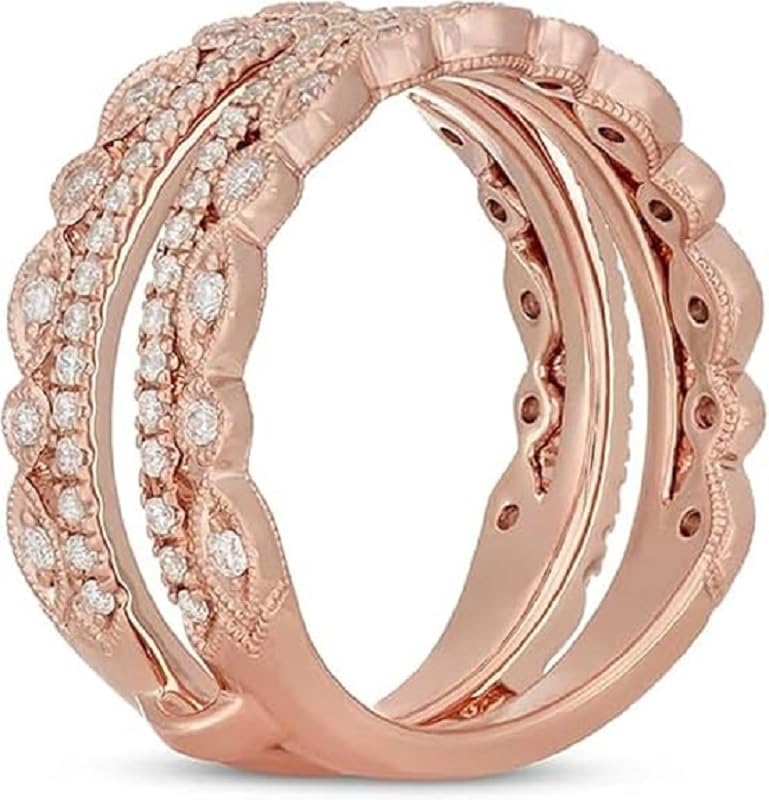 925 Sterling Silver Round Cut White Diamond Miligrain Double Row Wedding Engagement Enhancer Wrap Ring Guard for Women's In 14K Rose Gold Finish