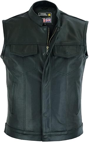 RAXUS Chaleco Hombre Cuero Motero Chaleco de moto de cuero genuino negro K-10