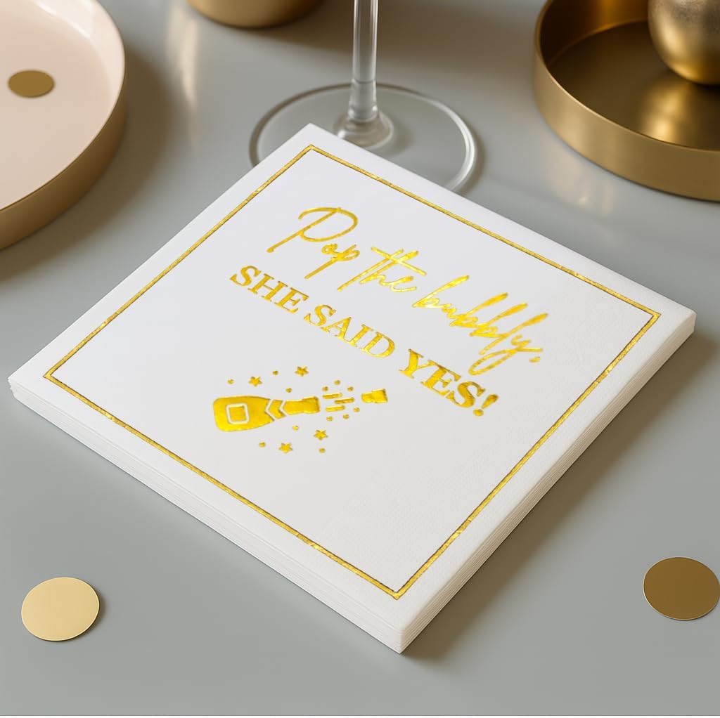 She Said Yes Engagement Napkins, Gold “Pop the Bubbly, She Said Yes!” Decorations, We're Engaged Paper Cocktail Napkin, Getting Married Celebrations, Wedding Bridal Shower Decor, Bachelorette Parties