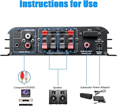 Miniatura 5 de Receptor amplificador de audio para el hogar de 4.1 canales, mini amplificador Bluetooth 5.0 con salida de subwoofer, RMS 4x50W MAX 800W para cine