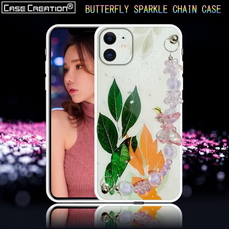 Image of COVERLY for iPhone 12 Pro Fashion Wrist Bracelet Chain Case,Green Flowers Cute Abstract Butterfly Sling Strap Sparkle Love Hearts Hanging Girlish Silicon Aesthetic Back Cover for Apple iPhone 12 Pro