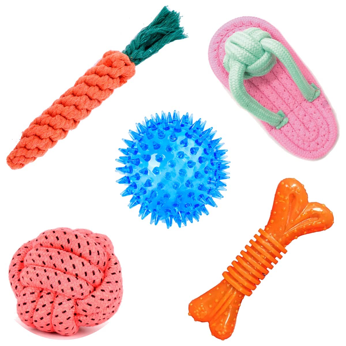 RvPaws Toys for Puppies & Small Dogs Toys Spike Teether Ball Toy | Rope Ball Toy | Gums Cleaner Correct Rope Toy | Cotton Poly Mix Chew Slipper Dog Toy | Rubber Chew Bone Toy Pack of 5 (B09MQP4TZ5) Amazon Price History, Amazon Price Tracker