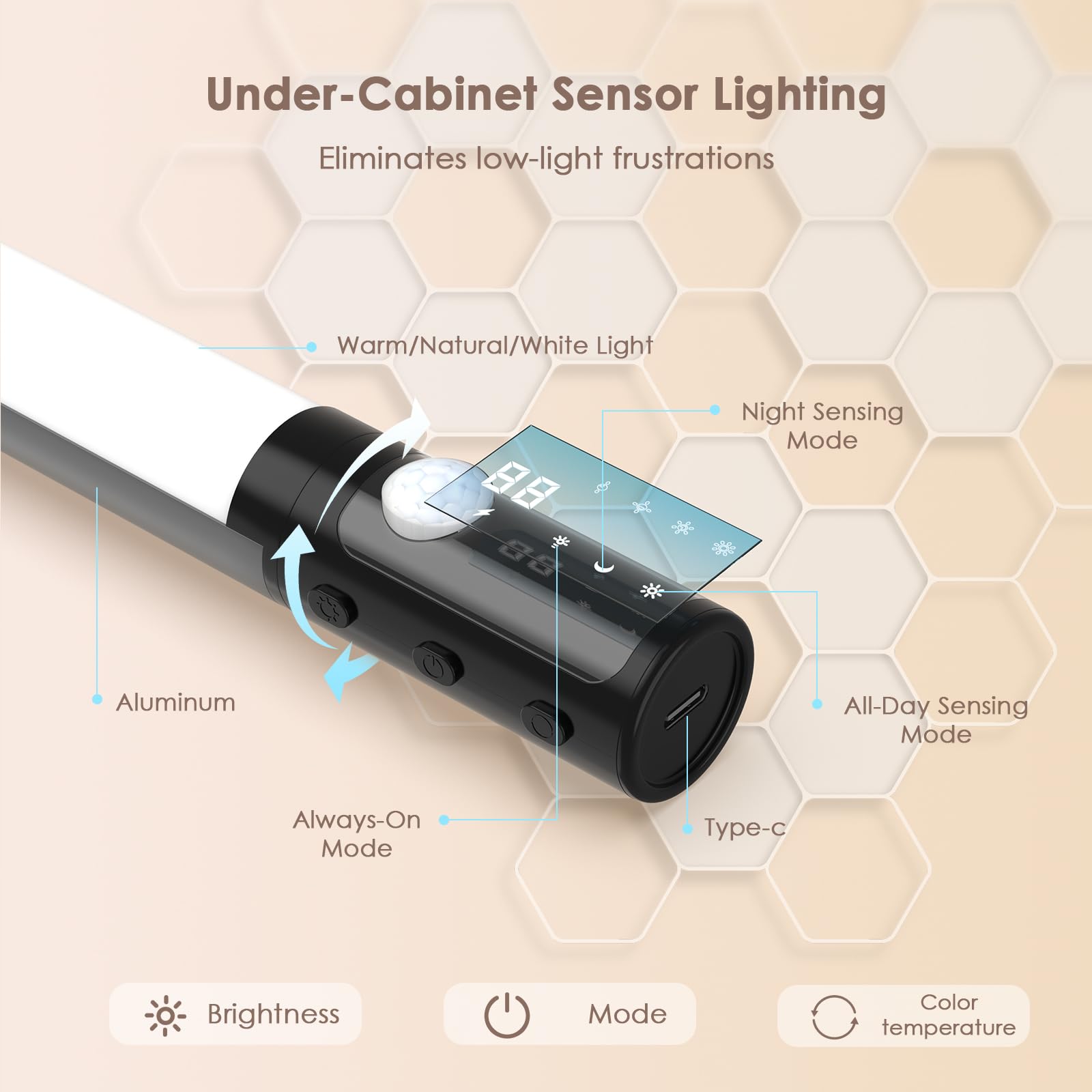 Quntis 38cm Schrankbeleuchtung Kabellos mit Anzeige & Bewegungsmelder 3 Farben Unterbauleuchte Küche LED Schranklicht Dimmbar 2000mAh USB Leiste Flur Bad Keller Kleiderschrank Zimmer Schwarz 2er Set