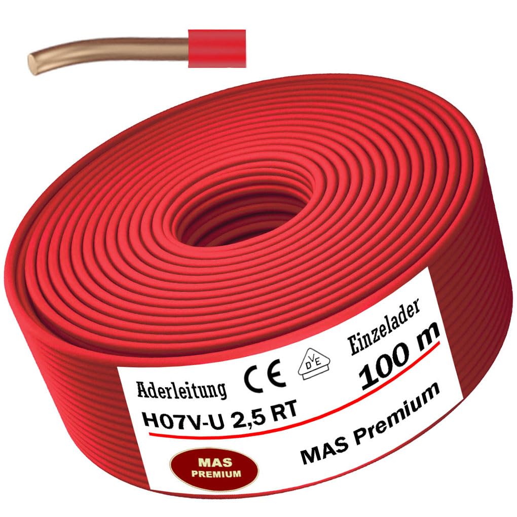 MAS Premium Cable de 100 m H07 V-U 1 x 2,5 mm² SW, GNGE, HBL, BR, VIO, RT, WS, GR, mononúcleo rígido (rojo)