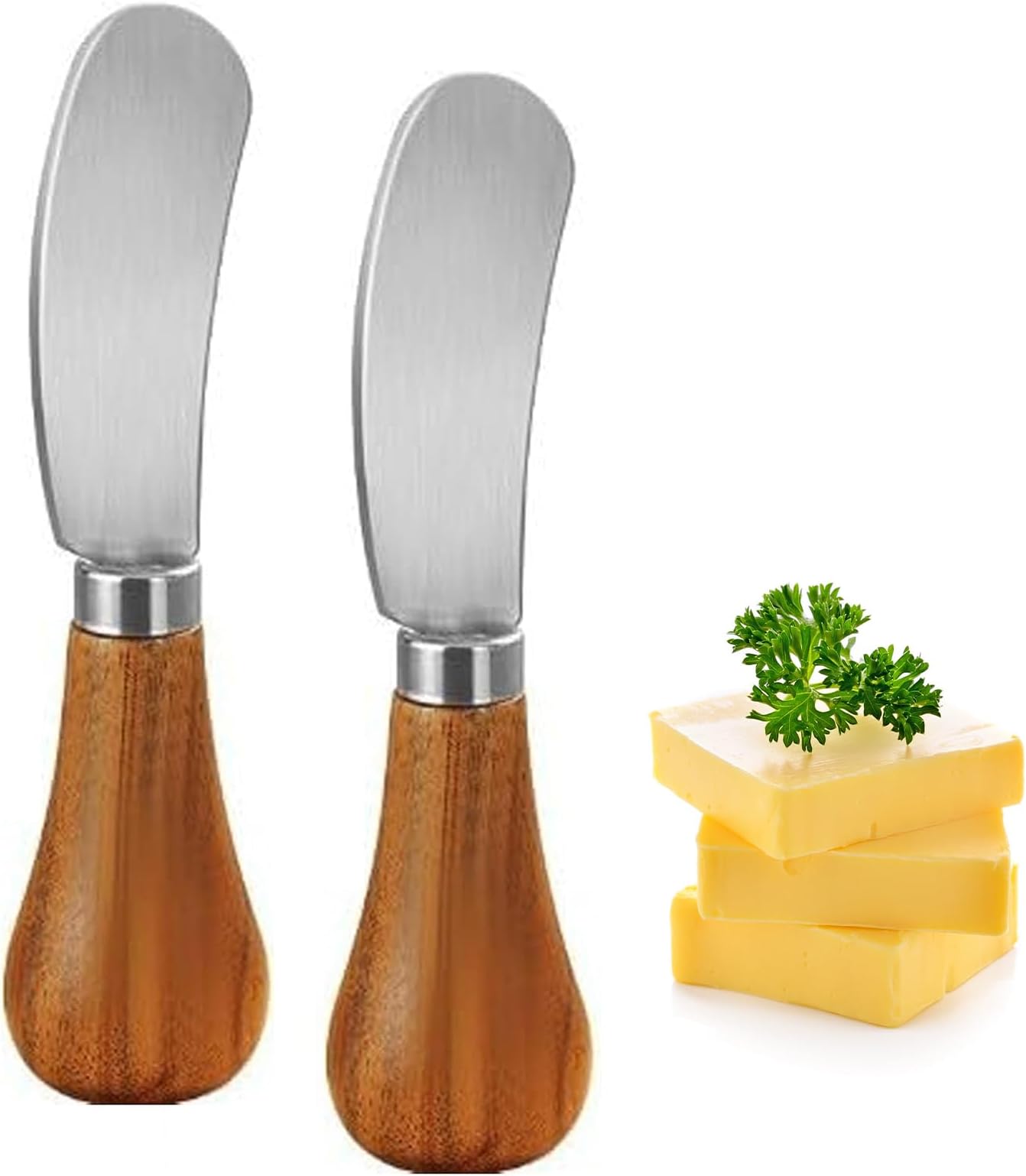 Houkiper Butter Spreader Knife, 2 Pack Stainless Steel Cheese Spreader With Wooden Handle 12.5cm for Kitchen, Vegetables, Fruits, Picnic - Silver