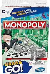 Hasbro Gaming Monopoly Grab and Go, jogo de tabuleiro portátil em plástico com peças de casas e dinheiro, jogos infantis para crianças acima de 8 anos