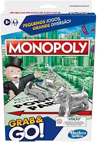 Hasbro Gaming Monopoly Grab and Go, jogo de tabuleiro portátil em plástico com peças de casas e dinheiro, jogos infantis para crianças acima de 8 anos
