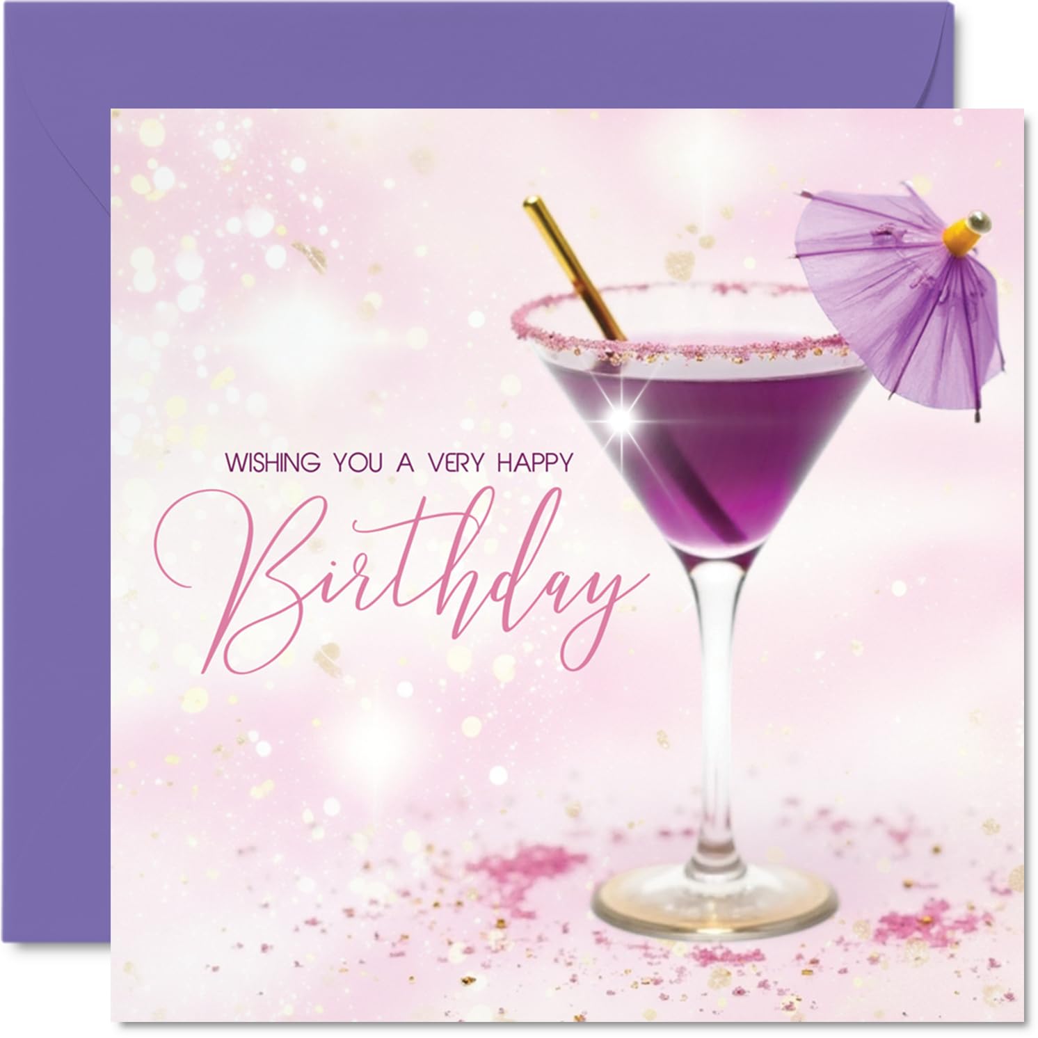 Family Birthday Card - Purple Cocktail - Happy Birthday Card for Family from Colleague Friends, 145mm Purple Cocktail Bday Greeting Cards