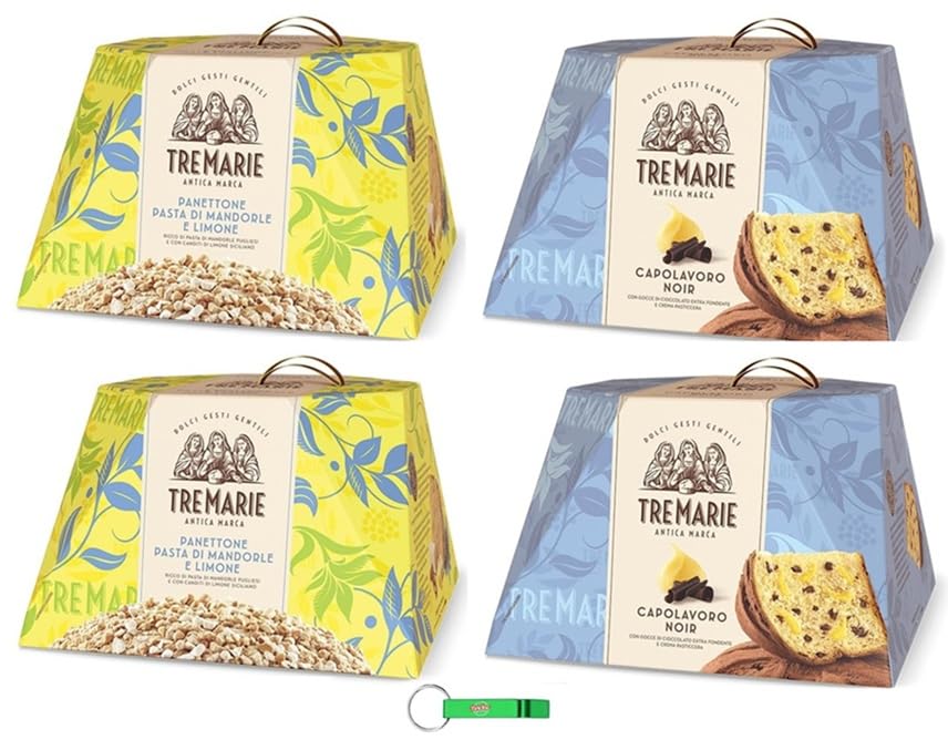 Tre Marie Panettone Pasta de almendras y limón + chispas de chocolate y crema Paquete de prueba de pastel de Navidad italiano 2 x 850 g + 2 x 830 g + llavero Beni Culinari gratis