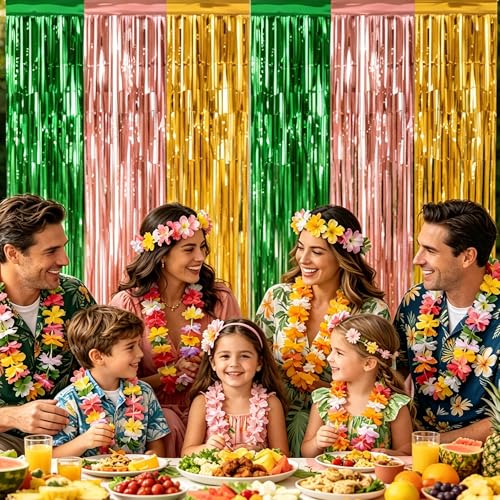 Luau Party Decorations- 2 Pack Luau Backdrop Green Gold Brown Foil Curtains - image 6