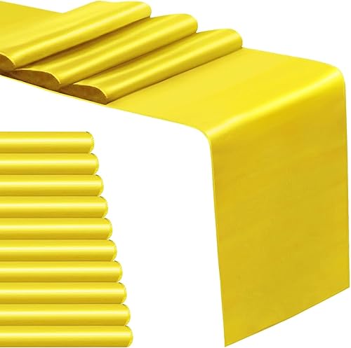 Paquete de 10 caminos de mesa de satén amarillo de 12 x 108 pulgadas de largo para bodas, fiestas de cumpleaños, banquetes, graduaciones, compromisos