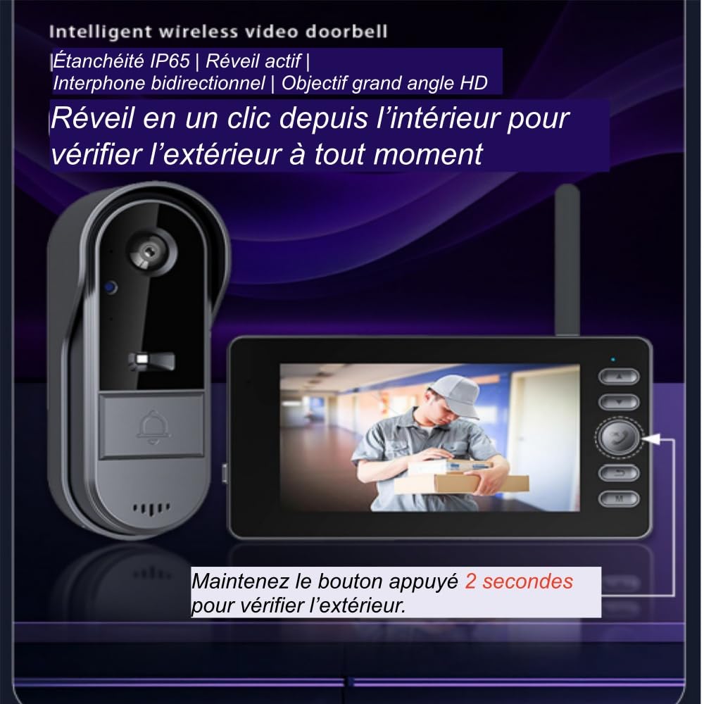 TKMARS Sonnette sans Fil Extérieur Étanche avec Caméra,Portier Vidéo Étanche IP65,Visiophone sans Fil Écran HD 4.3",120° Grand Angle,Communication Bidirectionnelle,Capture d'image Automatique
