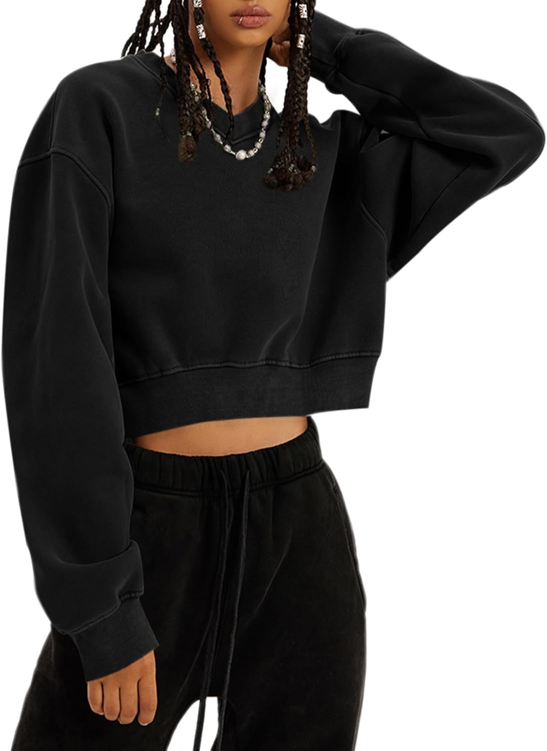 Bobeutou Womens V Neck Cropped Sweatshirt Long Sleeve Crop Pullover Fleece Hoodie Fall Fashion Athletic Workout Crop Tops