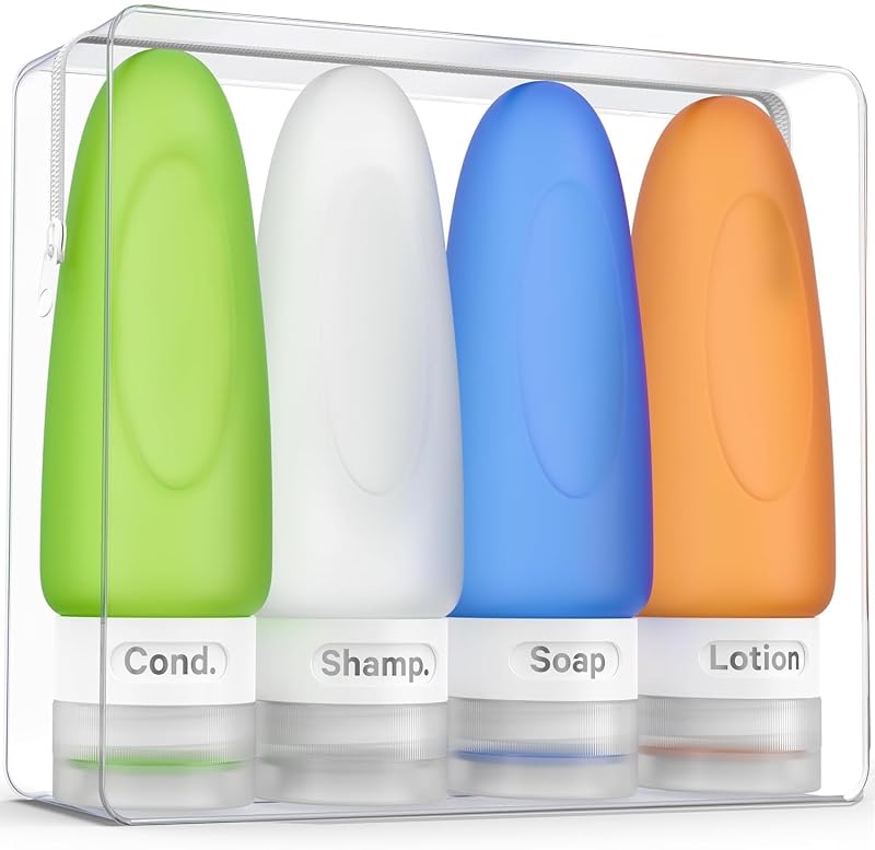 Frascos de viagem de silicone Dot&Dot para líquidos, com etiquetas e estojo transparente