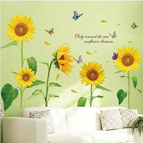 BOLLAER Pegatina de pared de girasol, calcomanías de pared de girasol, calcomanía extraíble para decoración del hogar, decoración artística de
