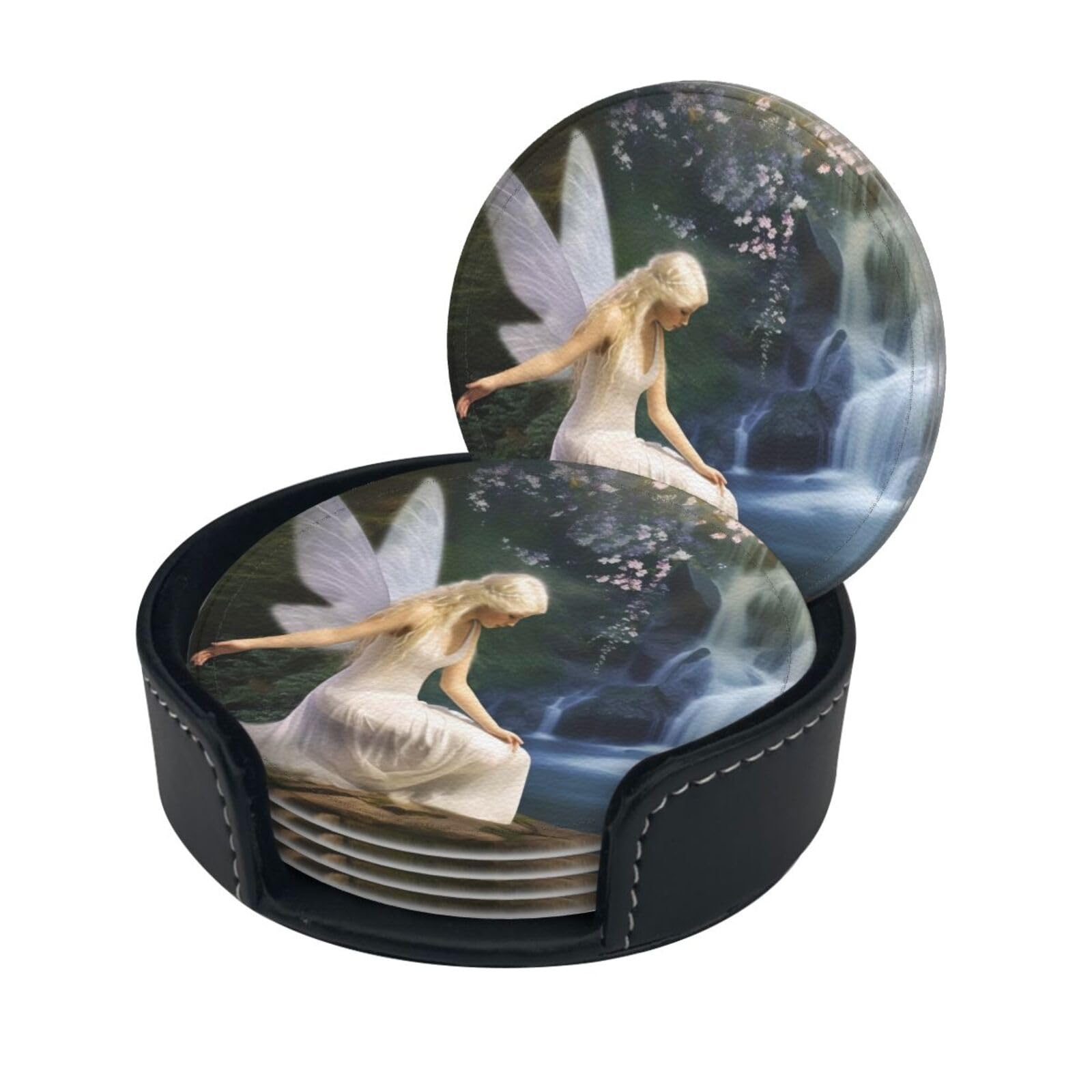 Stylish Coasters - Lake Fairy Set of 6 Round Leather Drink Coasters with Holder - Perfect Size for Cups and Glasses