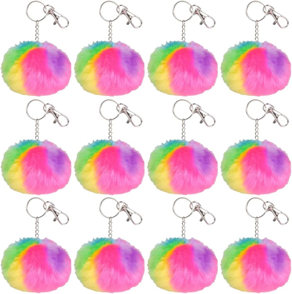 ArtCreativity Rainbow Pom Pom Keychains, Set of 12, Keychains for Girls and Boys with Secure Lobster Clasps, Holiday Stocking Stuffers, Backpack Charms, and Princess Party Favors, Multi-Colored