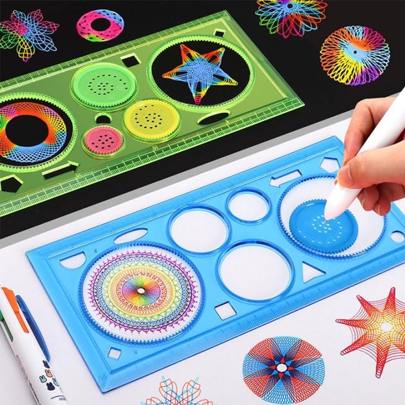 AK-Store (4-Pack) Cartoon Print Multi-Function Plastic Ruler Scale, Birthday Return Gift Item for Kids, Boys Girls (4, Designer Spiral Spirograph Geometric) 4