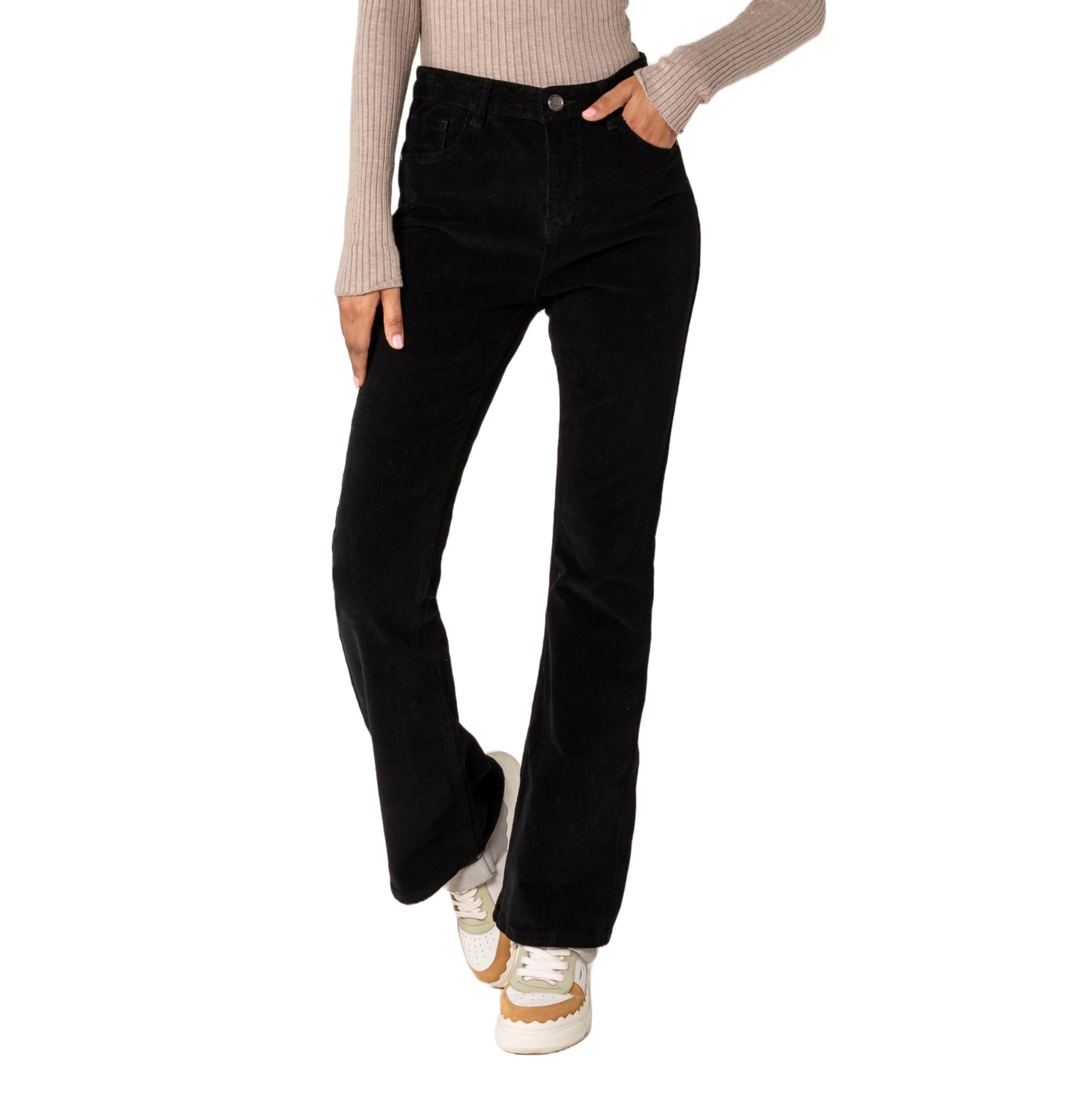 Nina Carter J221 Damen Hochtaillierte Bootcut Stretch-Cordhose aus Samtigem Kordel Vintage Schlaghose Cordjeans